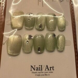 Press On Nails Green Gold Glitter‎ Rhinestone Oval Full Cover Fake Nails